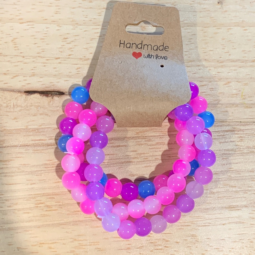 Handmade Glass Beade Bracelet Women OS 3PC Set Pink Purple Blue Stretch Y2K